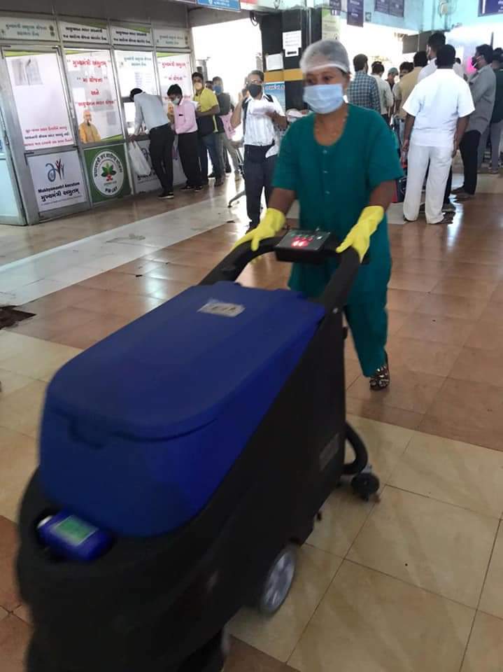 Warfare cleaning with modern floor scrubber machines to keep civil hospital clean and tidy
