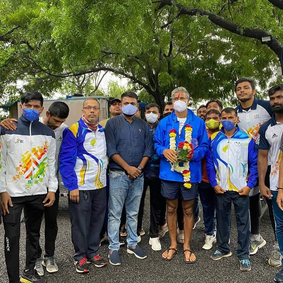 Milind Soman was welcomed by the district administration at Makhiga village in Palsana taluka of Surat district.